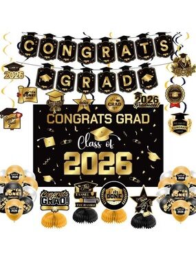 Congrats Grad 2026 Party Decorations - Black & Gold Graduation Banner Set